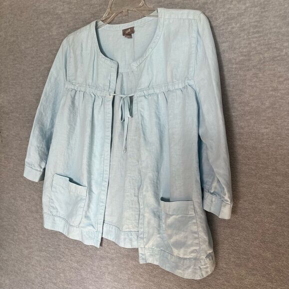 J. Jill Collarless Linen Jacket Medium Blue Beachy Coastal Top Pockets Old Money - Picture 2 of 9